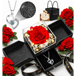Preserved Real Rose with Heart Necklace “I Love You” in 100 Languages